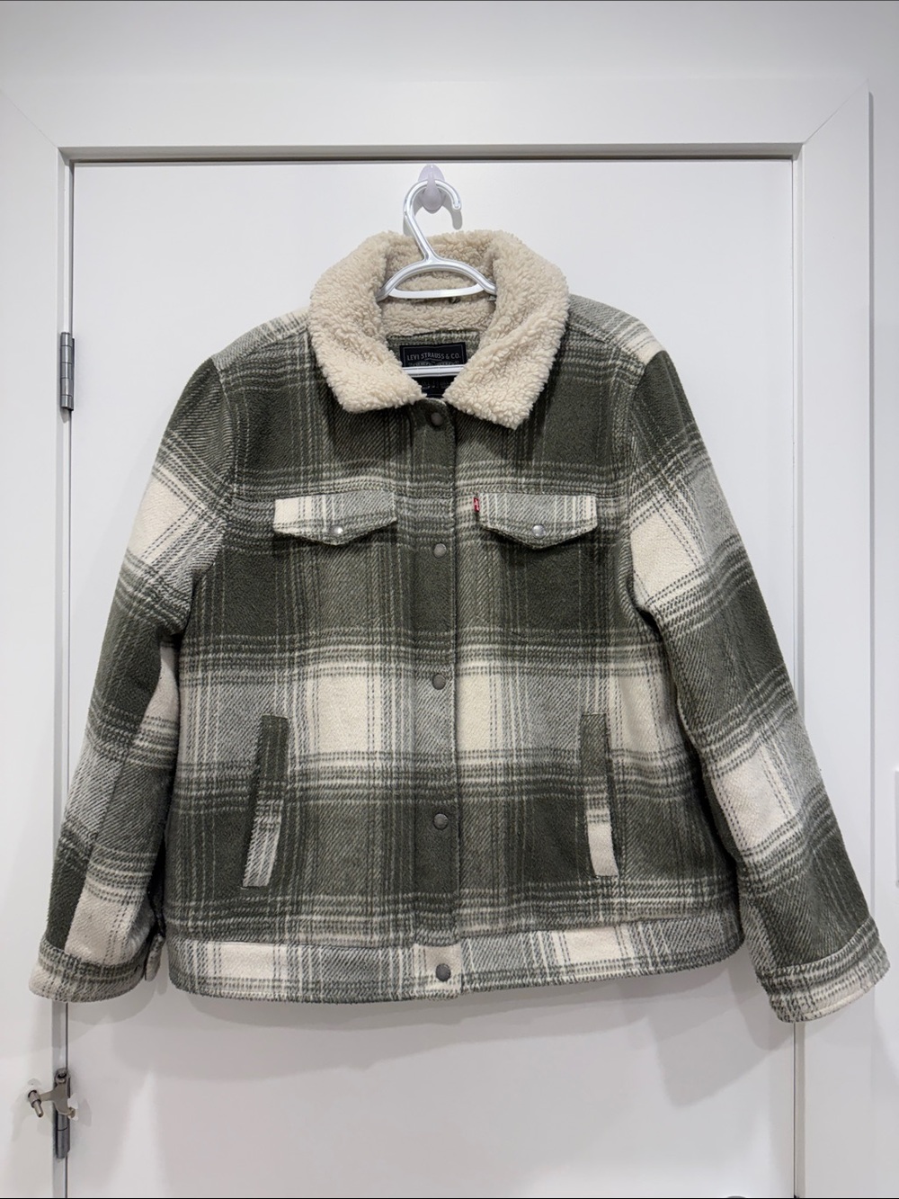 Levi's women’s Olive & Cream Plaid Sherpa Collar Jacket